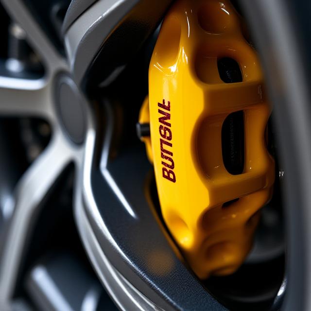 Close-up of custom high-performance brake calipers and alloy wheel